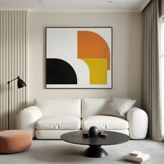 A modern living room with a white curved sofa, a black circular coffee table, and a large abstract artwork on the wall featuring geometric shapes in orange , yellow , and white . 