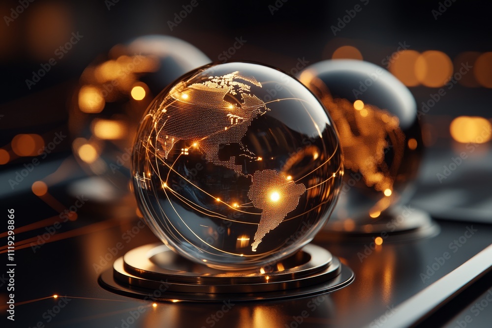 Aufkleber three glowing globes on a dark surface with visible digital routes, symbolizing global networking an