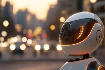 Fototapeta premium A sleek, modern robot stands in focus amid a vibrant cityscape, illuminated by the soft glow of blurred lights, evoking a sense of technological evolution.