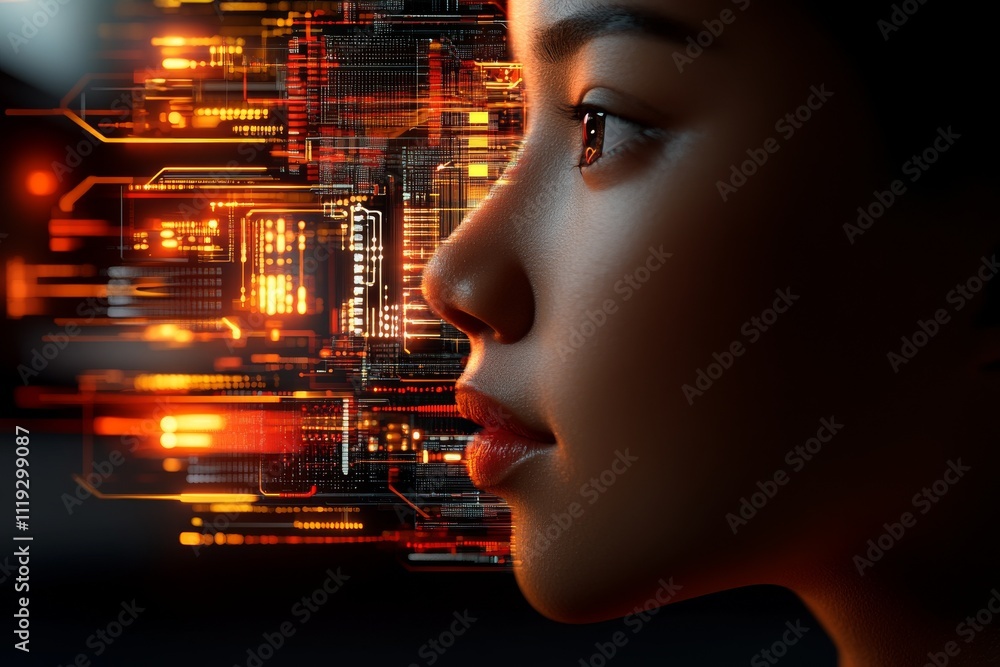Poster a person's profile with a digital interface showcasing futuristic technology elements, emphasizing t