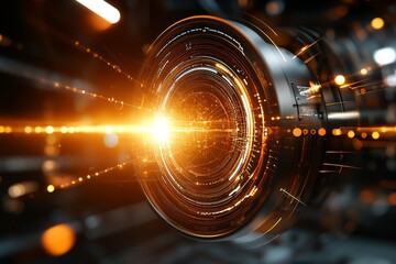 Obraz premium A detailed lens flare emits bright digital elements and circuits, indicating advanced technological achievements and futuristic concepts in digital photographs.