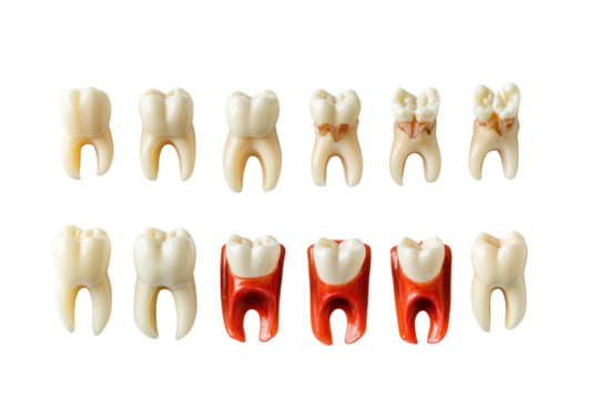 Dental Health:  A Visual Guide to Tooth Decay. Close-up of a row of teeth showcasing the progression of decay, from healthy to severely damaged.  Illustrative image for dental education, oral hygiene.
