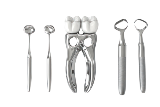 Dental Care: A close-up view of dental tools and a molar tooth model, symbolizing the importance of oral hygiene and professional dental care.  