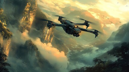 Naklejka premium Futuristic Drone Flying Over Lush Mountain Landscape at Sunset
