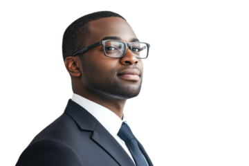 Visionary Leader: A confident and determined black businessman in a dark suit and glasses gazes thoughtfully into the distance, conveying ambition, leadership, and a focus on the future. 