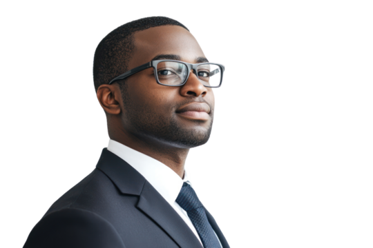 Visionary Leader: A confident and determined black businessman in a dark suit and glasses gazes thoughtfully into the distance, conveying ambition, leadership, and a focus on the future. - Powered by Adobe