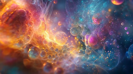 Abstract cosmic nebula with vibrant colors and glowing orbs.