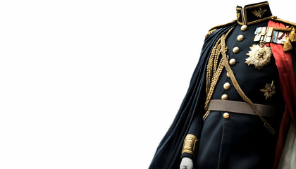 A formal military uniform with decorative elements and insignia.