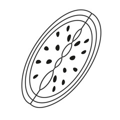 Line art watermelon bitten quarter with seeds top view. Suitable for banners, social media graphics. Editable stroke
