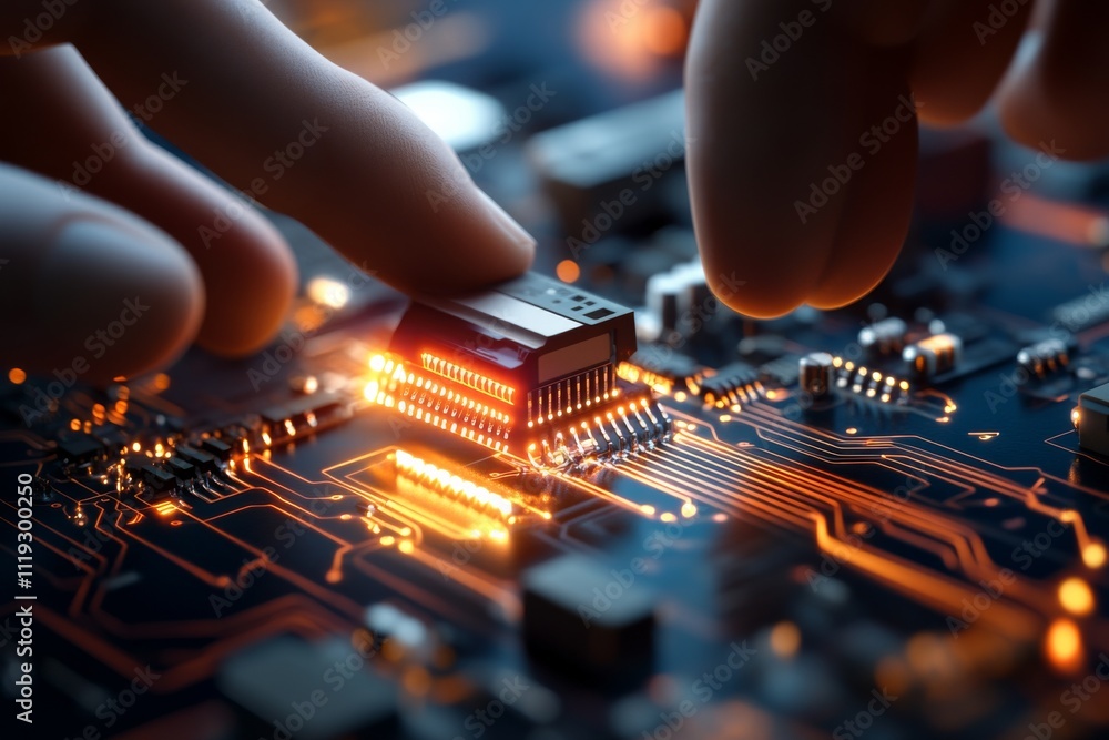 Poster the image depicts a detailed close-up of a microchip being placed onto a glowing circuit board, symb