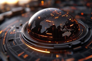 The image displays a glowing globe emerging from a network of digital lines, symbolizing global connectivity and the intricacies of international communication.