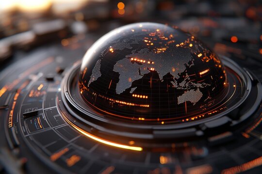 The image displays a glowing globe emerging from a network of digital lines, symbolizing global connectivity and the intricacies of international communication. - Powered by Adobe