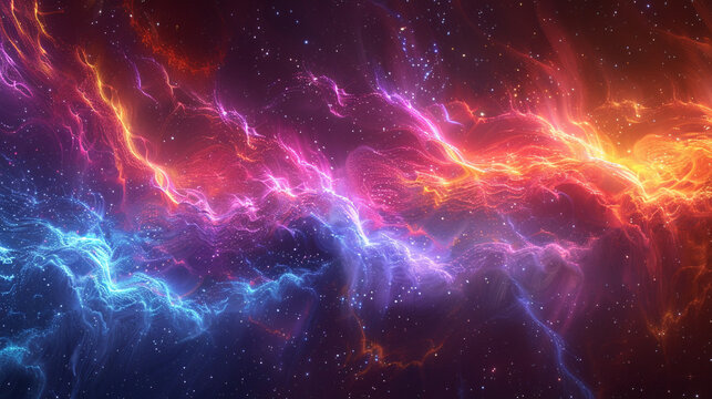 Abstract neon fractal formations resembling cosmic nebulae, with pulsating colors and space dust swirling in a high-definition, ultra-clear scene.