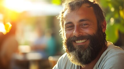 6. A man with a distinctive beard and a warm smile, enjoying a sunny day at a cafe