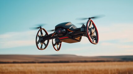Drone flying above golden field under clear blue sky at sunset