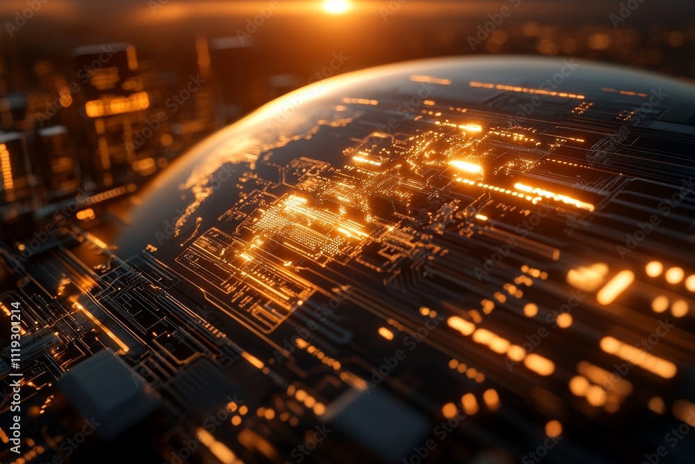 Poster a digitally rendered globe blends city lights with circuit patterns, showcasing advanced technology 
