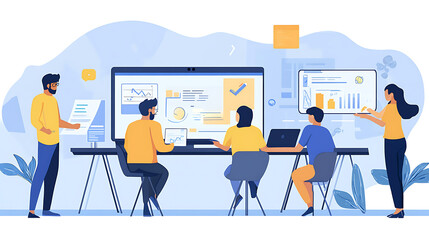 Group of colleagues working on project planning together in a collaborative office setting with digital tools 