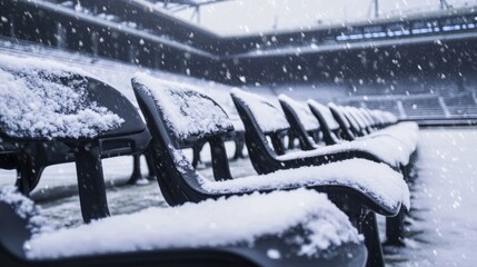 A snow-covered large sports bleachers are empty, demonstrating vitality and unity in a challenging environment, winter stadium, winter camp