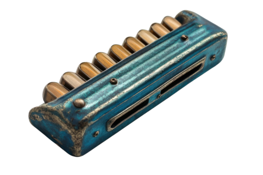 Vintage Blue Harmonica: A weathered teal harmonica, showcasing its aged patina and intricate details. This antique musical instrument evokes a sense of nostalgia and history.