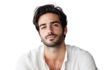 Confident Gaze:  A handsome young man with dark hair and a neatly trimmed beard looks directly at the camera with a confident and intriguing expression.  His warm brown eyes hold a captivating gaze.