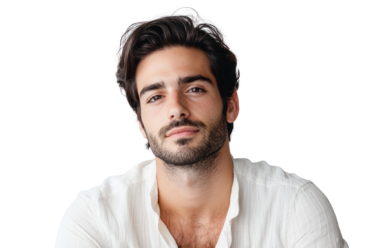 Confident Gaze:  A handsome young man with dark hair and a neatly trimmed beard looks directly at the camera with a confident and intriguing expression.  His warm brown eyes hold a captivating gaze.