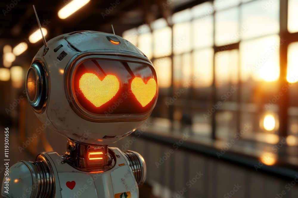 Poster a playful robot with glowing heart eyes stands in a bright setting, representing affection and the i