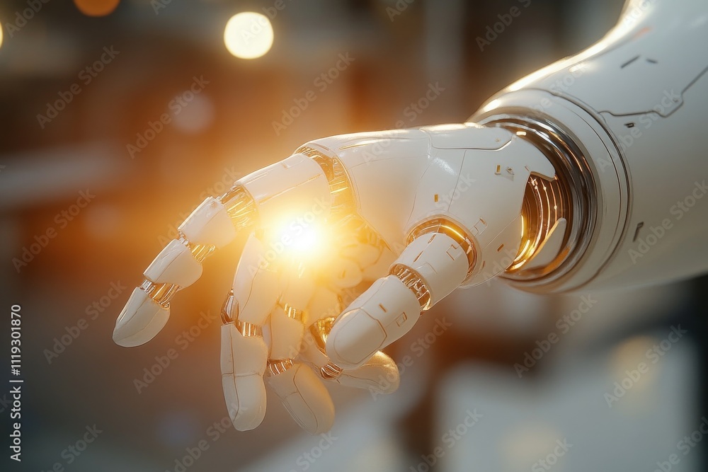 Poster a robotic hand gracefully reaches out with a glowing light, illustrating the delicate interaction be