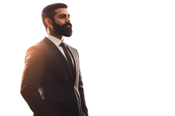 Obraz premium Indian businessman in a suit, standing confidently in modern office, professional demeanor,isolated on transparent and white background.PNG image 