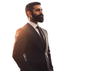 Indian businessman in a suit, standing confidently in modern office, professional demeanor,isolated on transparent and white background.PNG image	