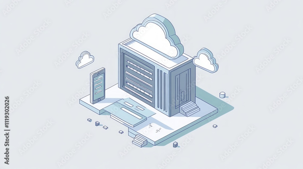Poster isometric illustration of cloud computing data center with smartphone.