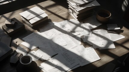 Fototapeta premium Sunlit Study Table with Papers and Shadows Creating a Cozy Atmosphere