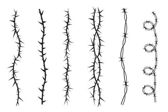 Thorn stem vine plant with spikes simple border y2k creepy branch. Barbed wire tattoo. Boundary frame. 