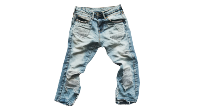 Distressed Denim Jeans: A pair of light blue denim jeans with distressing details, showcasing a vintage aesthetic and a touch of rebellious edge.