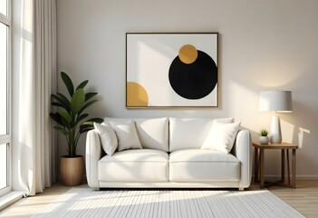 A modern, minimalist living room with a white sofa, a wooden side table, and an abstract wall art piece featuring geometric shapes in black, white, and gold.