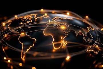 A digital representation of a glowing world map, highlighting international connections with vivid orange light paths. The image symbolizes global connectivity.