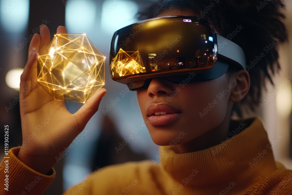 Poster a woman in a vr headset gazes intently at a glowing polygonal object, symbolizing the merging of tec
