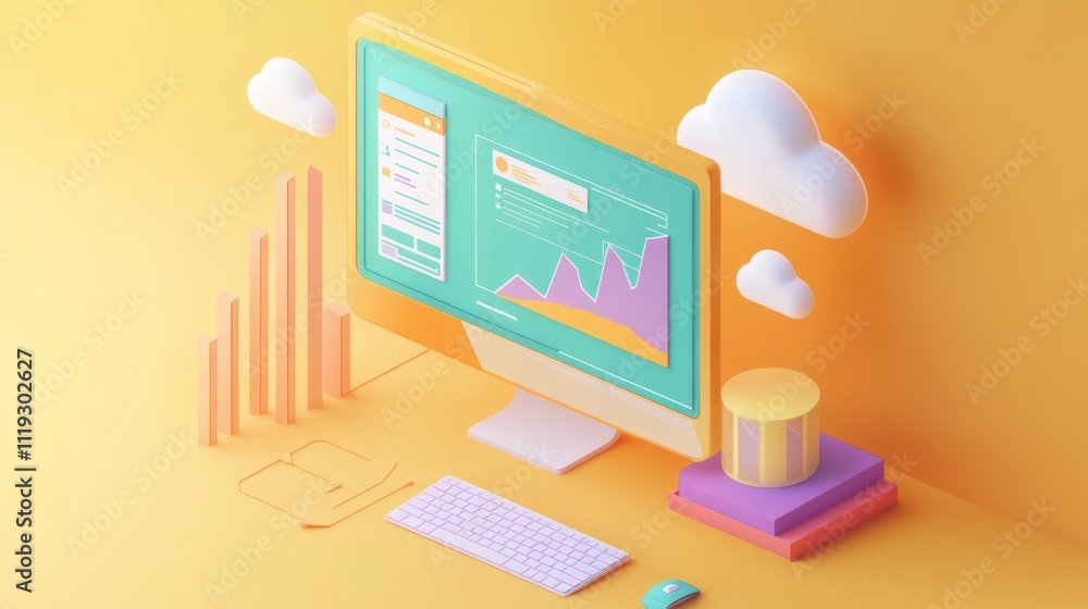 Aufkleber isometric illustration of computer screen displaying data graphs, keyboard, mouse, and cloud icons o