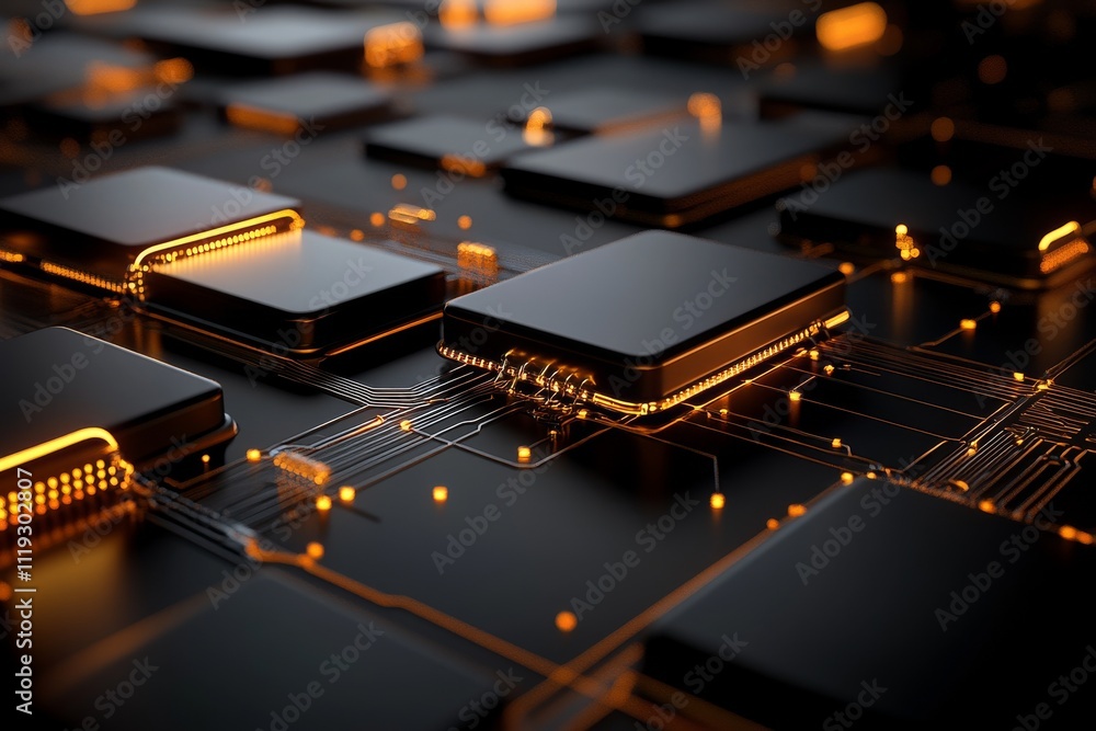 Poster a close-up image showcasing a landscape of microchips glowing with ambient light, capturing the esse