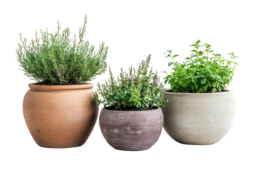 Large garden pots with outdoor plants, adding greenery to patios and terraces isolated on transparent and white background.PNG image	