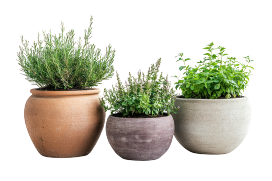Large garden pots with outdoor plants, adding greenery to patios and terraces isolated on transparent and white background.PNG image	