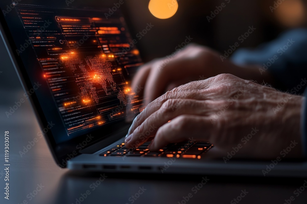 Poster hands typing on a laptop in a dimly lit room, with glowing code visible on the screen, representing 