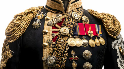 A detailed view of an ornate military uniform adorned with medals and decorations.