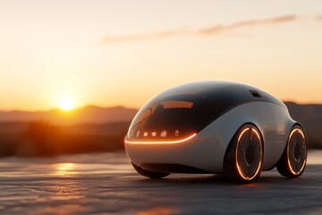A small futuristic car, embodying sleek innovation and technology, travels a scenic road at sunset, representing adventure, autonomy, and modern design.