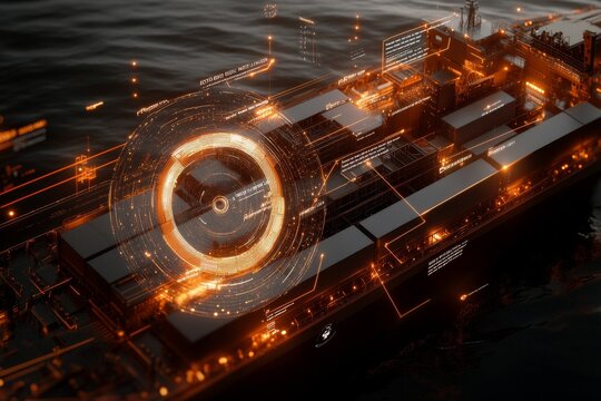 An advanced cargo ship is depicted with digital data visualizations overlaying its structure, symbolizing modern logistics, shipping, and technological efficiency.