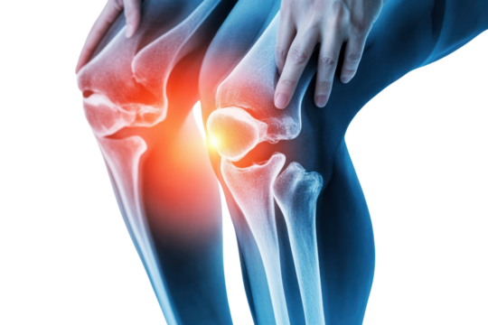 X-ray of knees focusing on joint health, detecting injuries or degenerative diseases isolated on transparent and white background.PNG image	