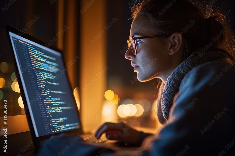 Poster a young programmer codes on a laptop, illuminated by city lights, representing the dynamic relations