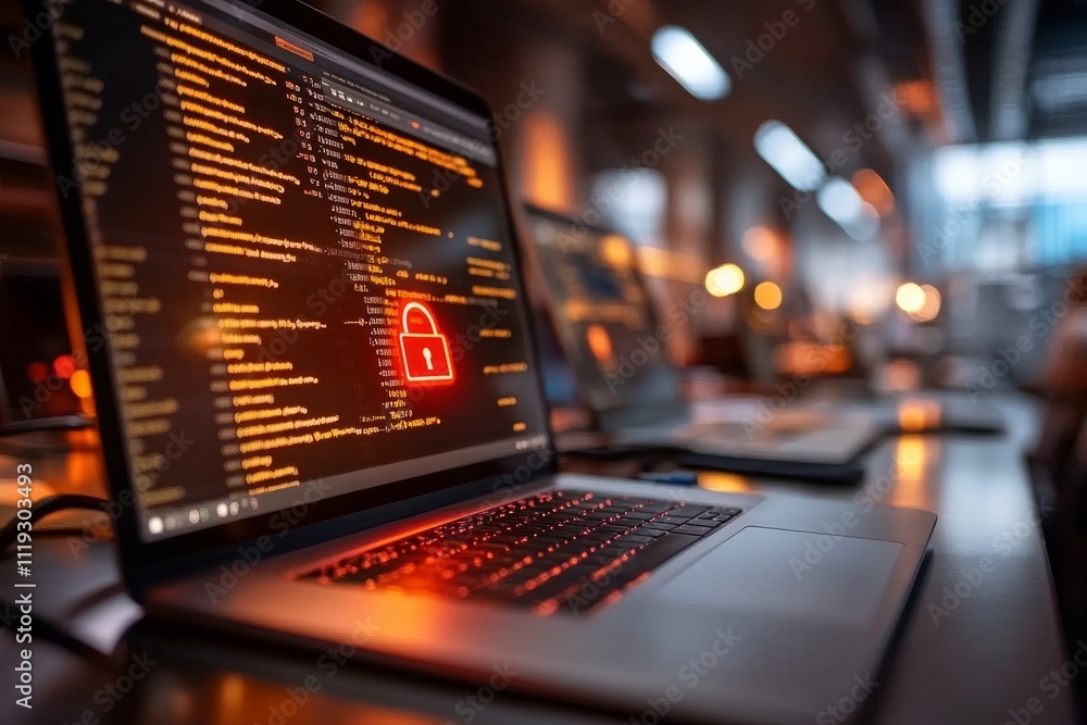Poster a laptop screen shows programming code with a prominent red lock icon, emphasizing cybersecurity, pr
