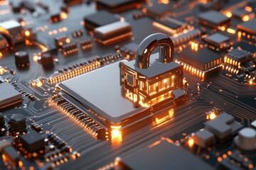 A secure microchip is adorned with a golden lock, symbolizing data protection and digital security in an era of advancing technological systems.