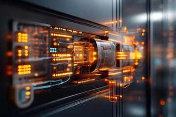 A futuristic data server features a glowing digital interface, representing high-speed data processing and the core of modern digital infrastructure.