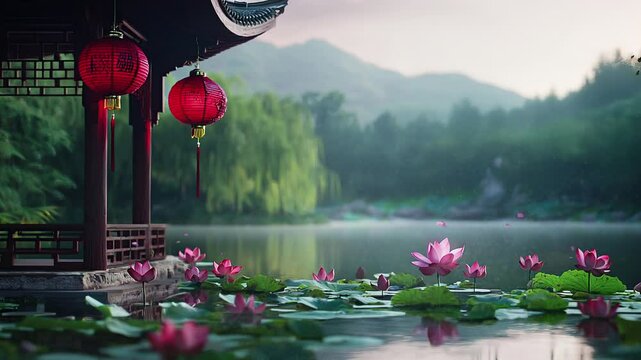 A Chinese pagoda with hanging lanterns stands surrounded by a tranquil pond